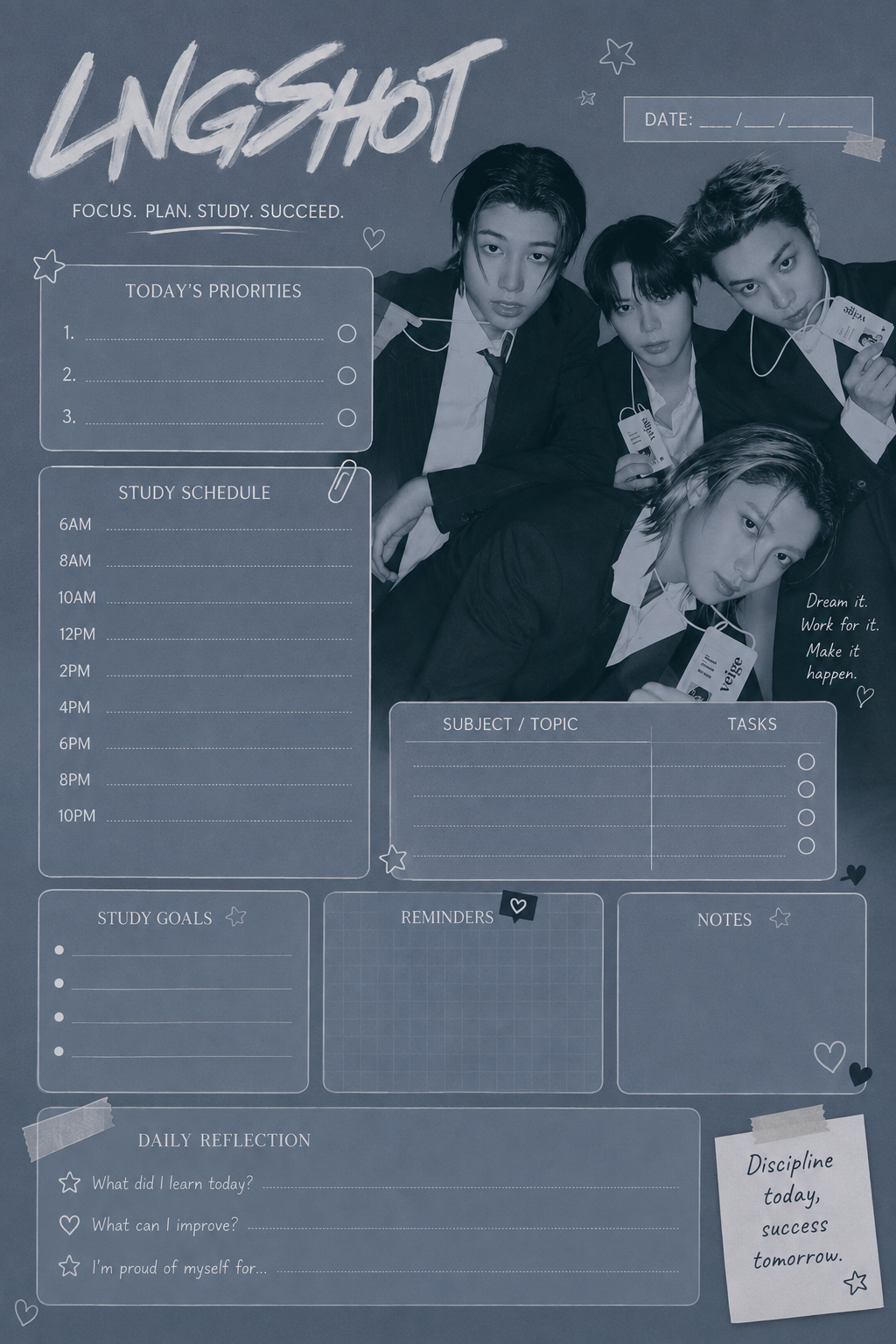 LNGSHOT Aesthetic Daily Study Planner | K-Pop Student Planner | Digital Study Planner | Fan Gift 🖤💜