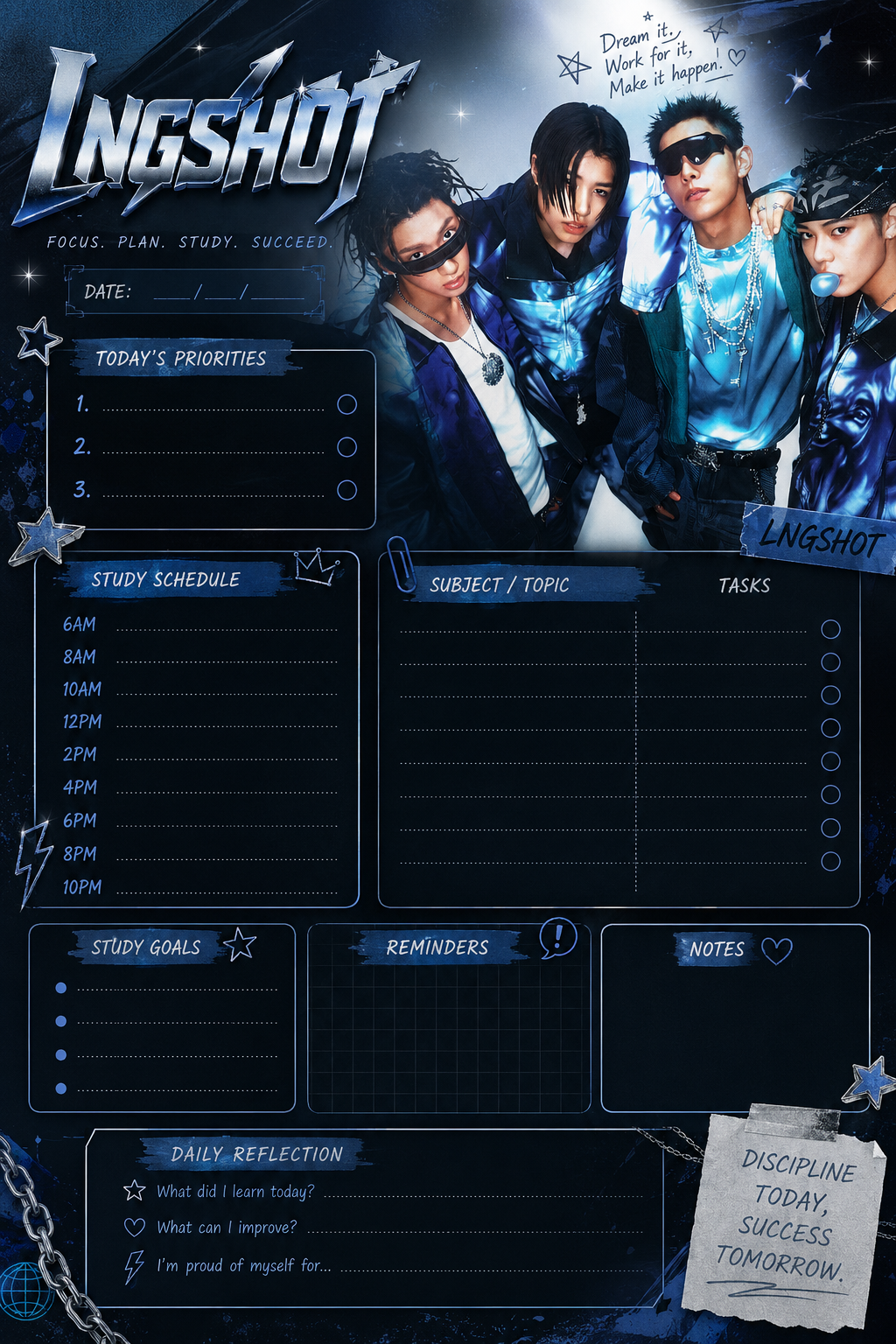 LNGSHOT Aesthetic Daily Study Planner | K-Pop Student Planner | Digital Study Planner | Fan Gift 🖤💙